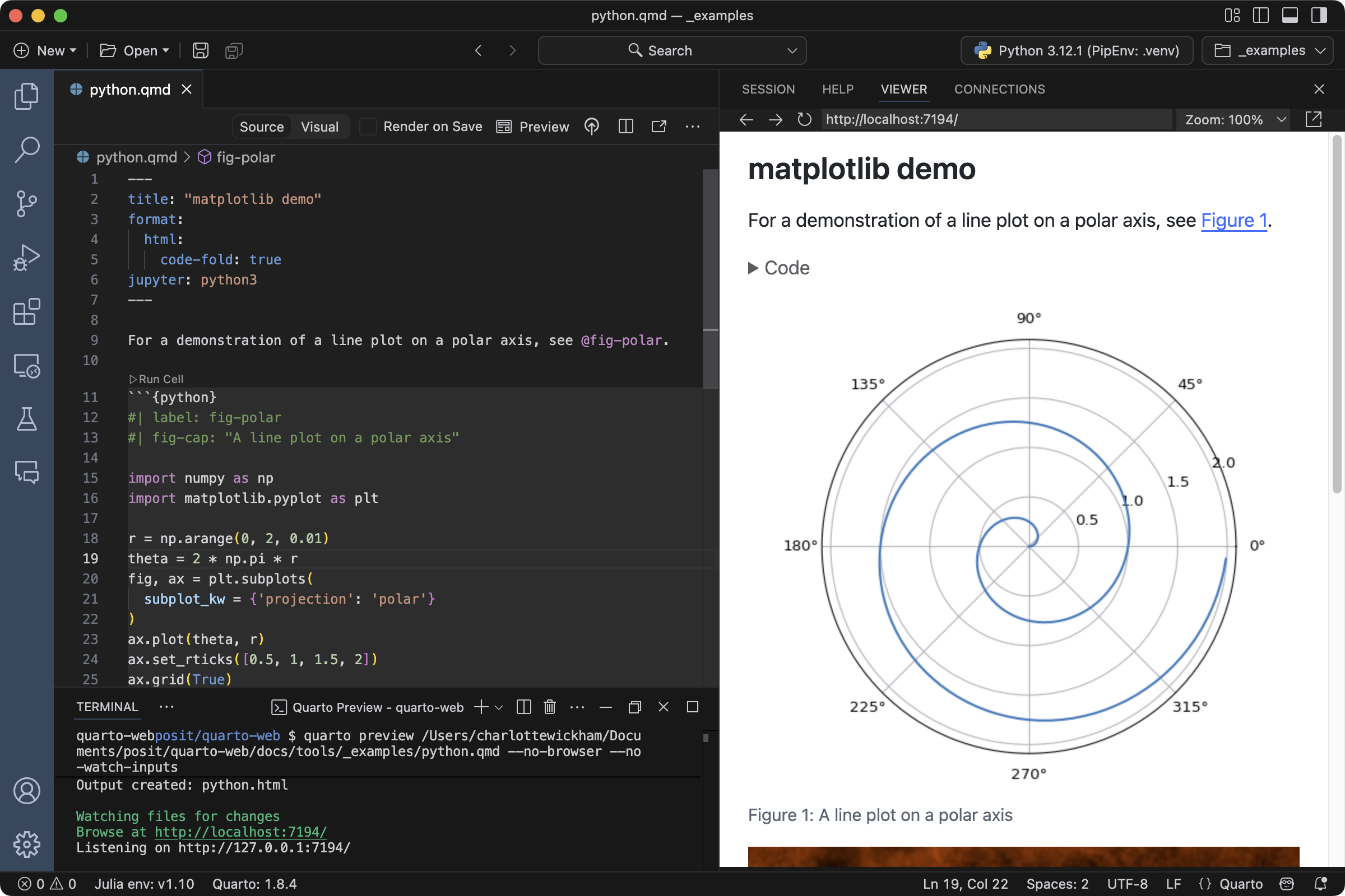 Two windows arranged side by side. The window on the left is a qmd file opened in Positron. The contents of this document are the same as the first part of the Getting Started: Welcome section of this website. The contents of this document are rendered by Quarto in the window on the right.